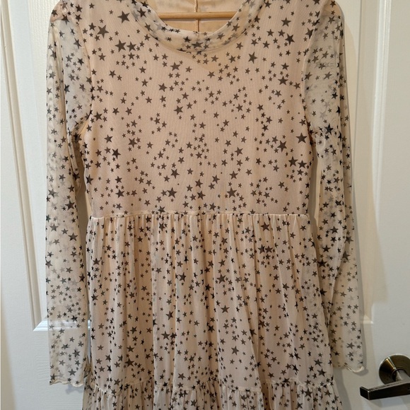 EUC- Altar’d State Pink Sheer Tiered Long Sleeve Mesh Dress with Black Stars - Picture 6 of 9